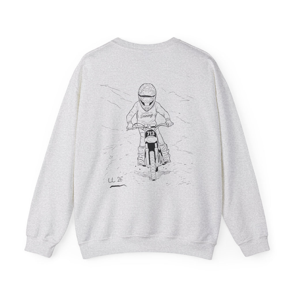 Motorcycle Rider Crewneck Sweatshirt — "You Been on Dainings" Sketch Design