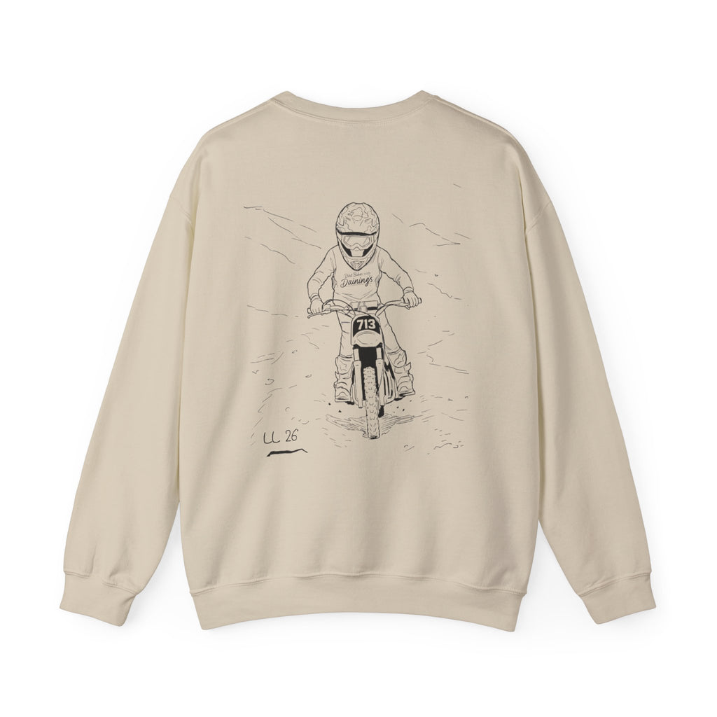Motorcycle Rider Crewneck Sweatshirt — "You Been on Dainings" Sketch Design